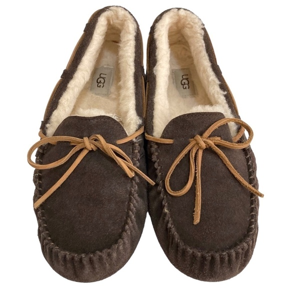 UGG Olsen Espresso Brown Suede Sheepskin Lined Slip On Mocs Slippers - Picture 1 of 12